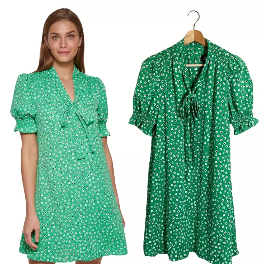 DKNY Puff Sleeve Front Print Tie Neck Mini Swing Dress Women's 6 Green Chiffon
